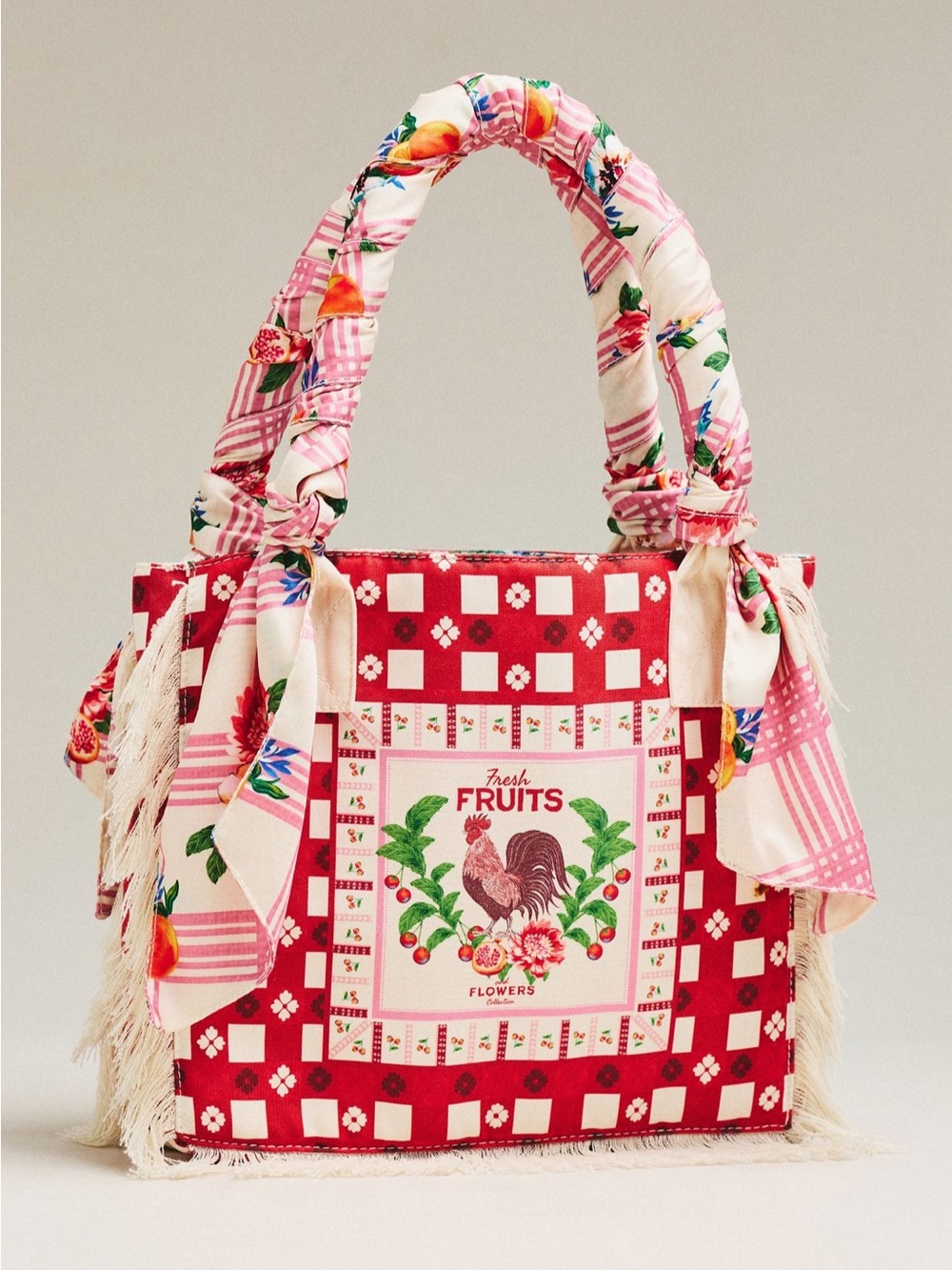 Agua Bendita Storm Mini Fringe Tote Bag in the Red Fruit Plaid colorway